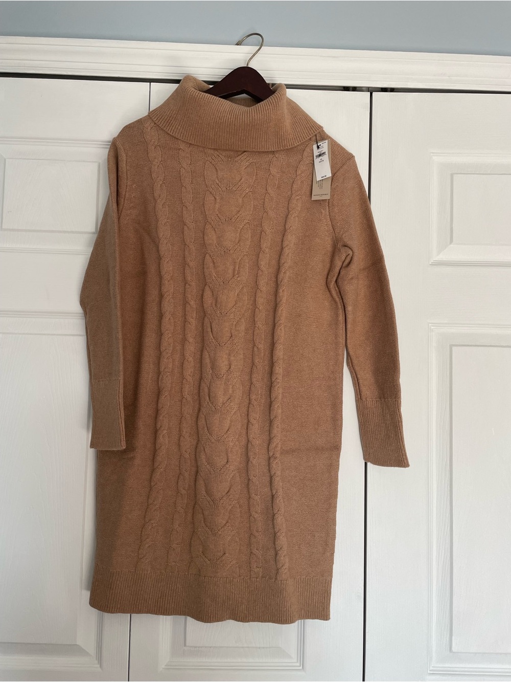 Banana Republic Cable-Knit Turtleneck Sweater Dress in Camel